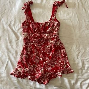 Honey & Sparkle Printed Tie Strap Ruffle Hem Red Romper